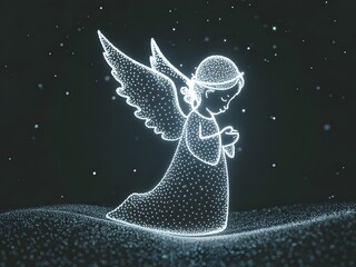 Elegant dotted angel composition, neon particle design on dark background