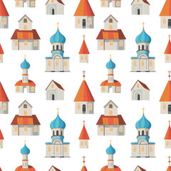 Seamless pattern of traditional church buildings with domes and spires, colorful religious architecture illustration, cultural heritage design background