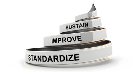 Process Improvement and Standardization Concept: A Modern Staircase Ribbon Illustrating Sustain, Improve, and Standardize for Continuous Growth