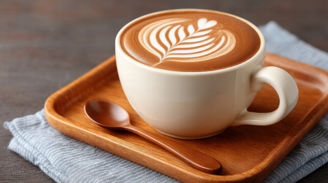 Creative coffee cup with swirl latte art in cup on wooden tray with spoon for warm and inviting drink