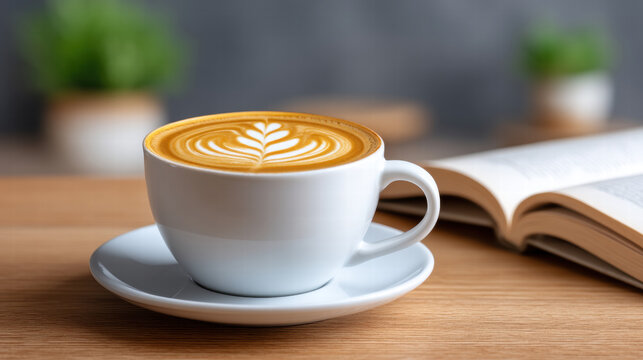Creative coffee swirl in cup with latte art on wooden table near open book and blurred plant - Powered by Adobe