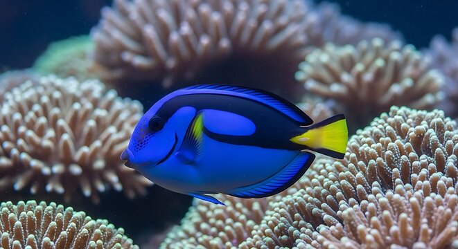 Vibrant blue tang fish gracefully navigating a colorful coral reef habitat, showcasing the beauty of marine life and ocean biodiversity in its natural underwater environment