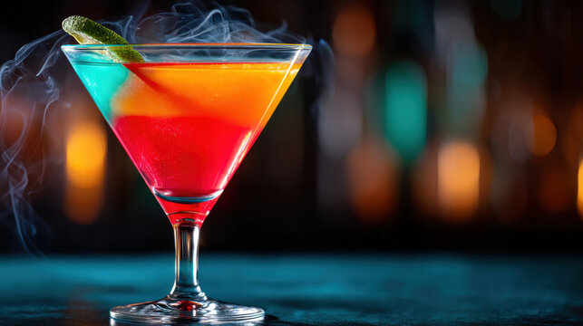 Colorful drink in glass with movement of smoke and lime garnish creating vibrant and dynamic cocktail scene