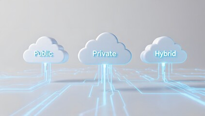 Cloud deployment models concept: public, private, and hybrid clouds interconnected with digital infrastructure and data flow visuals