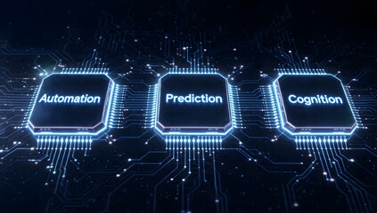 Futuristic AI technology concept highlighting automation, prediction, and cognition on illuminated circuit chips for data processing and smart systems