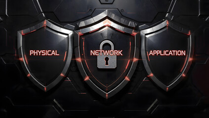 High-tech cybersecurity concept featuring shield icons, a central lock, and network security imagery for data protection and digital safety visuals