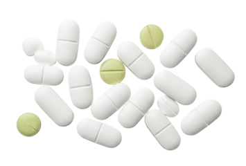 Pile of white and yellow pills transparent background cutout png