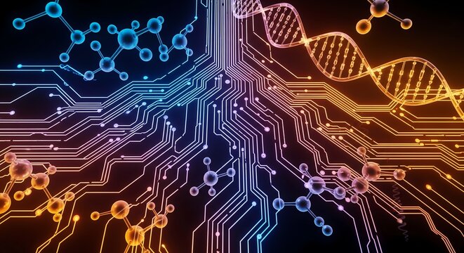Dynamic fusion of digital circuits and molecular structures symbolizing scientific innovation