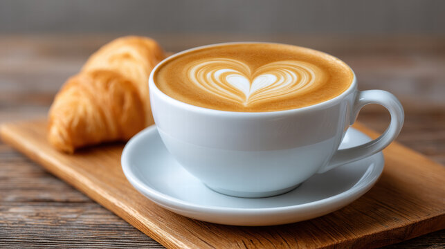 Coffee swirl heart pattern in cup creates warm inviting feeling with croissant on wooden tray for breakfast