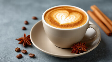Coffee swirl heart pattern in cup with latte art on saucer near star anise and cinnamon sticks on gray surface