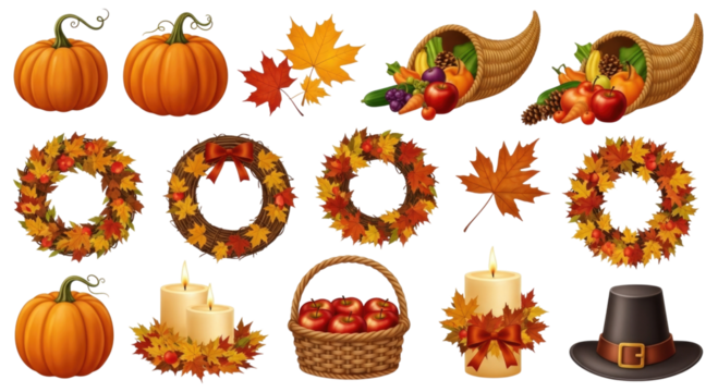 Thanksgiving autumn harvest elements transparent background cutout png