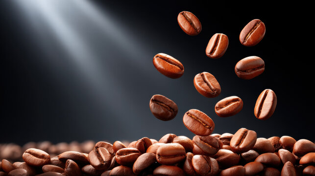 Coffee beans in air studio shot with light rays highlighting fresh roasted coffee beans falling on pile
