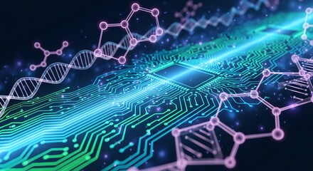 Dynamic AI innovation merges DNA helix with glowing circuit board, symbolizing future technology