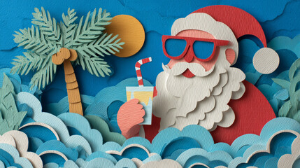 Obraz premium Tropical christmas beach santa summer holiday paper art sunglasses palm tree ocean wave festive cocktail sunset