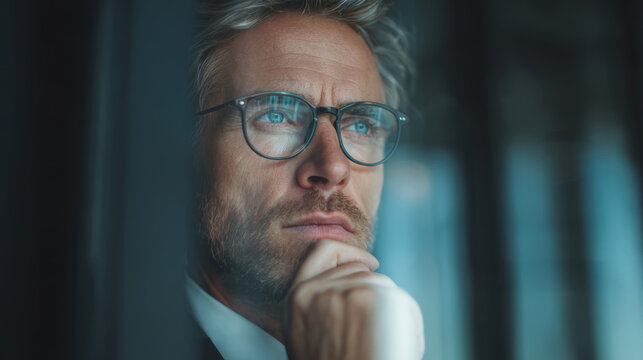 Pensive man business leader thoughtful gaze office window natural light eyeglasses stubble beard blue eyes executive contemplation with calm focus