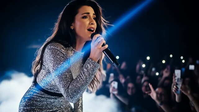 Female singer in sequin dress performing on stage before an adoring crowd