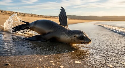 Adorable sea lion pup with a raised flipper crawls onto a wet sandy beach during a beautiful golden sunset