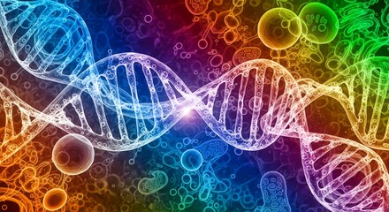 Vibrant DNA helix and cells glow with scientific discovery and medical innovation