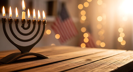 Menorah with lit candles on a wooden table with bokeh lights