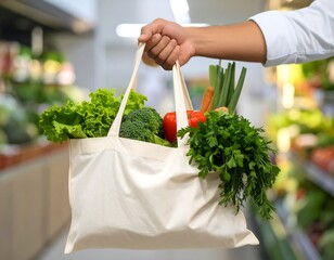Person holding a reusable grocery bag filled with fresh produce in a supermarket