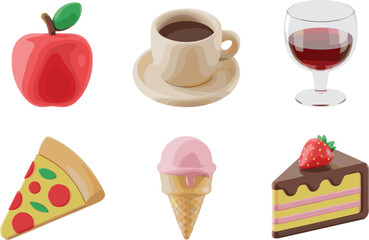 Set of six 3D food and drink icons including apple, coffee, wine, pizza, ice cream, and strawberry cake illustration