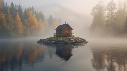 A small wooden cabin built on top of a lone rock in the middle of a calm river, surrounded by soft morning mist and autumn trees with golden-yellow foliage, peaceful and dreamy atmosphere