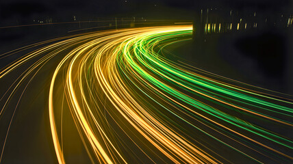 Abstract light streaks on a highway at night, showcasing motion and speed through vibrant yellow and green trails