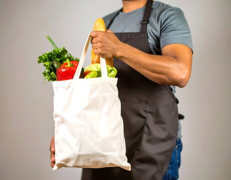 Person holding a white reusable grocery tote bag filled with vegetables and a baguette