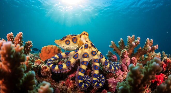Close-up view of a highly venomous blue-ringed octopus amidst colorful coral reefs and marine life underwater - Powered by Adobe