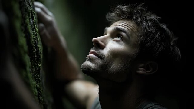 Rock Climber Looking Up at Challenge Showing Determination - Powered by Adobe