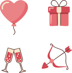 Valentine's Day illustrations: heart balloon, gift box, champagne flutes, and Cupid's bow