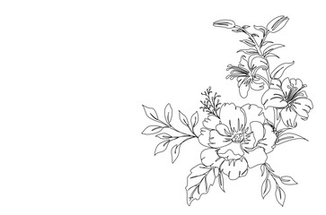 Trendy floral peony bouquets and flowers in continuous one line drawing. Single line art illustration of Peony Line Art. Editable vector.