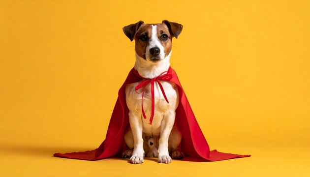 A Jack Russell Terrier sits proudly, donning a vibrant red cape against a bright yellow background, looking straight at the camera