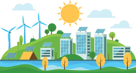 Sustainable eco city illustration with solar panels, wind turbines, green buildings, renewable energy landscape, clean environment, modern future urban design