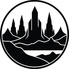 Stylized black castle mountains waves vector art nature graphic transparent background © Pollob ray pagol