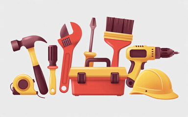 Construction instrument and tools set like hammer, adjustable wrench, drill, toolbox