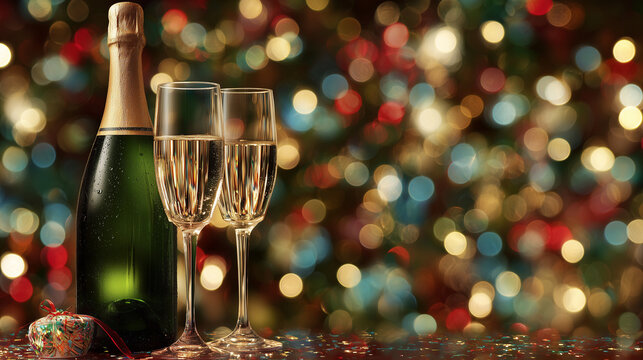 Champagne bottle and two glasses filled with bubbly liquid against festive bokeh lights