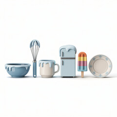 Kitchenware and food like bowl, mug, freezer, popsicle and plate with snow decoration