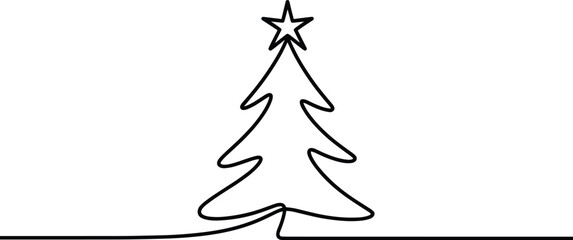 Single line drawing of a Christmas tree with a star