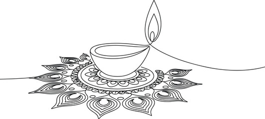 Single line drawing of a diya on a decorative mandala