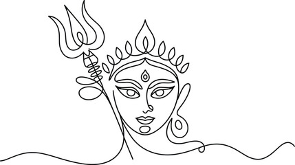 Single line drawing of goddess Durga with trident Hindu