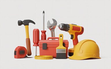Various construction instrument tools like hammer, screwdriver, wrench, drilling machine