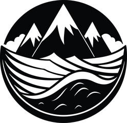 Three mountain peaks with clouds and wavy river inside circular frame