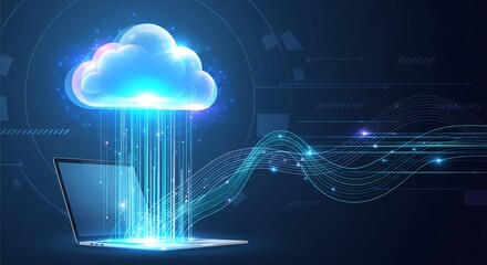 Dynamic cloud computing concept with data streams flowing into a modern laptop screen