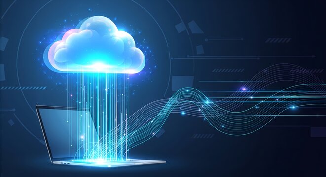Dynamic cloud computing concept with data streams flowing into a modern laptop screen