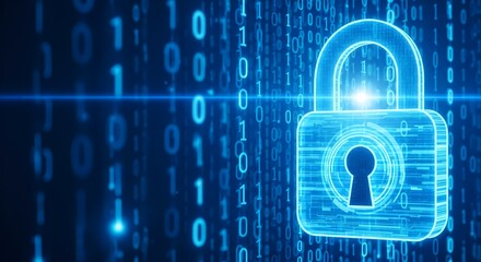 Secure digital data protection lock icon over glowing blue binary code background