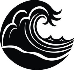 Stylized black ocean wave graphic with cresting foam and flowing water motion