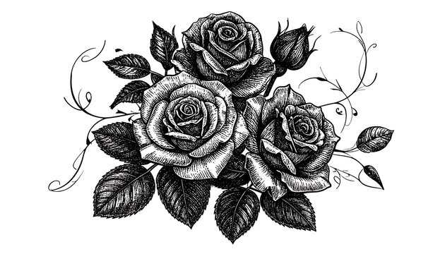 Elegant Roses - A Detailed Black and White Floral Illustration.