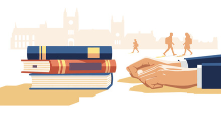 An engaging illustration depicting the pursuit of knowledge with academic books, a dedicated hand, and a bustling university campus in the background.
