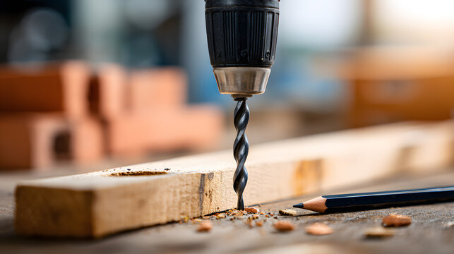 Power drill in action creating hole in wooden plank with shavings scattered around workspace